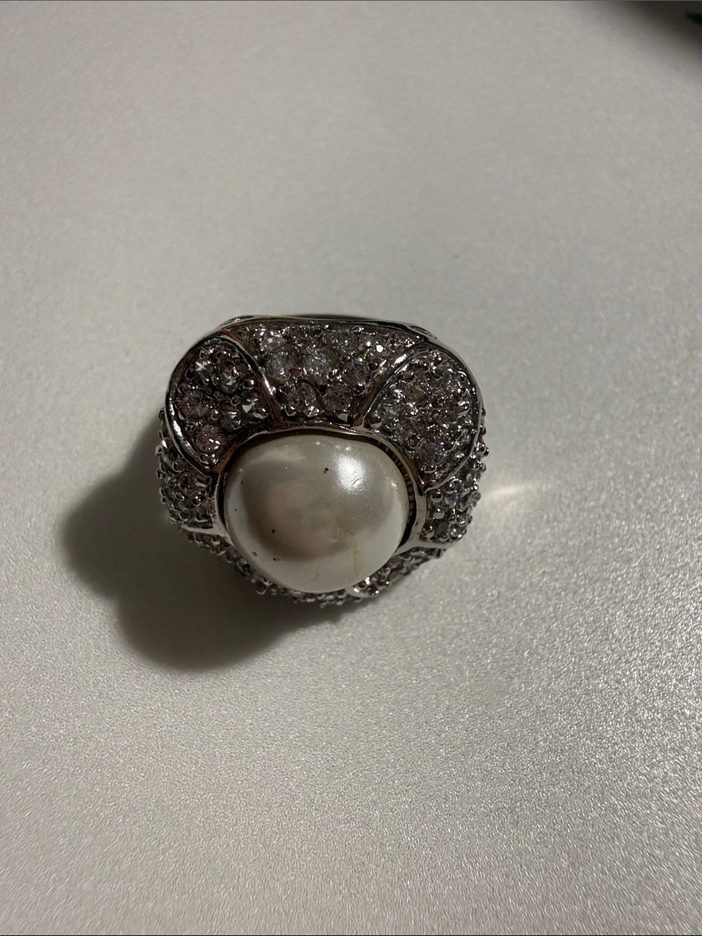 Pearl and Crystal Statement Ring in White and Silver - Size 6